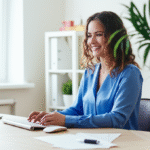 Mulher trabalhando em home office com mesa organizada e iluminada