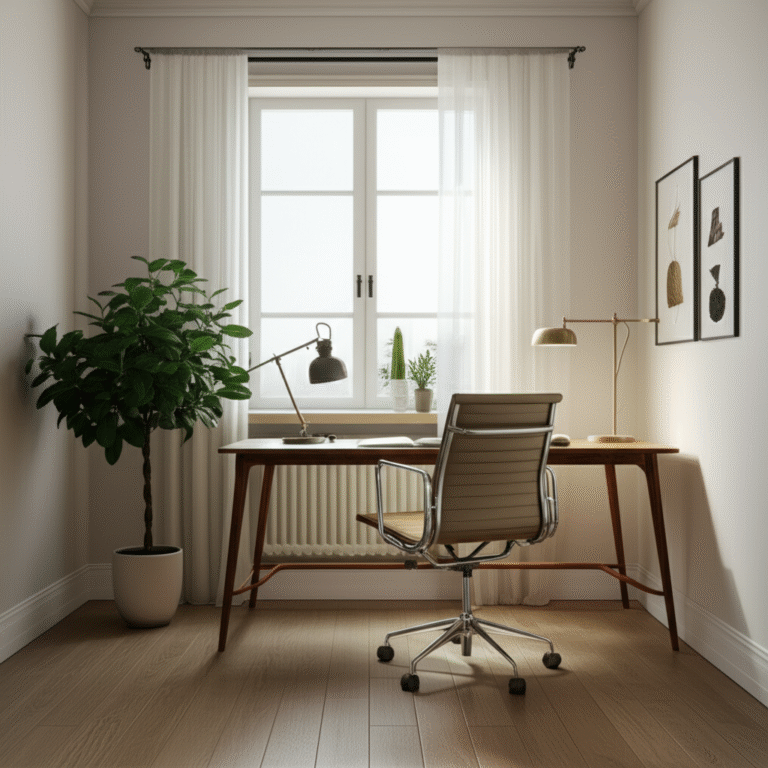 Escritório em casa bem iluminado com planta e decoração minimalista.