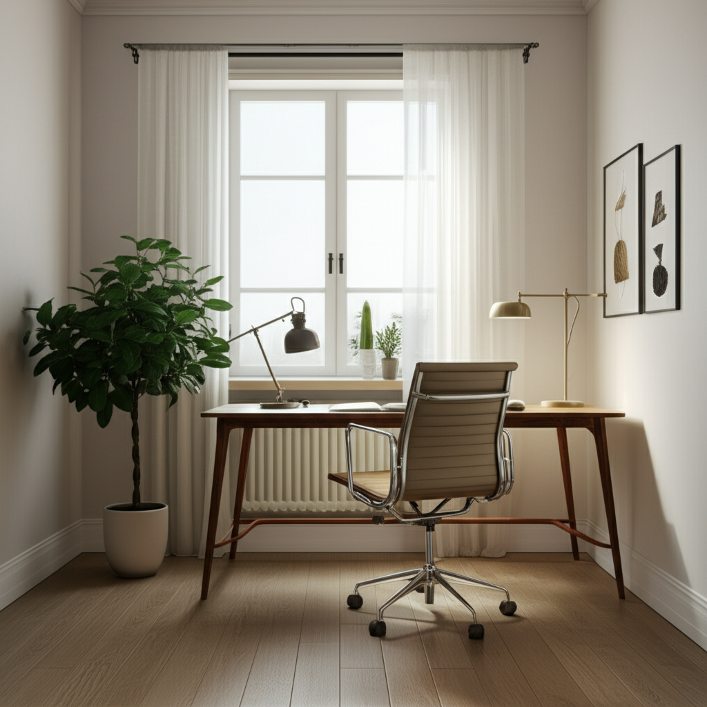 Escritório em casa bem iluminado com planta e decoração minimalista.