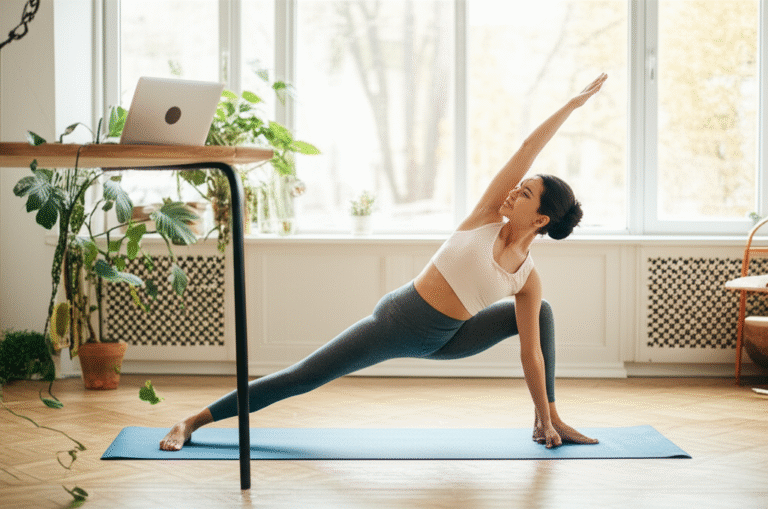 Mulher praticando yoga em casa durante a pausa do trabalho