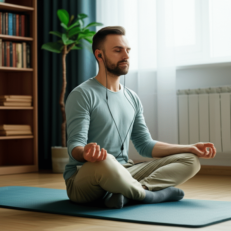 Homem meditando em casa com fones de ouvido