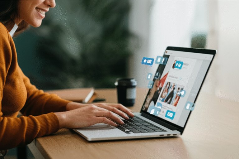 Pessoa interagindo em redes sociais em um laptop durante o home office.