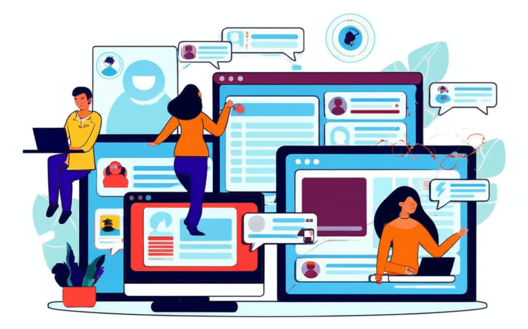 Pessoas colaborando em um projeto online em uma comunidade virtual.