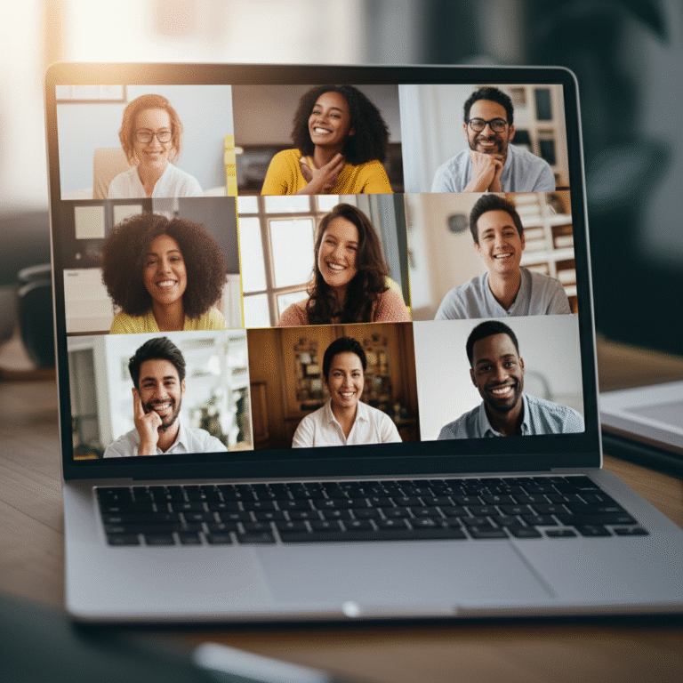 Grupo de pessoas sorrindo e interagindo em um encontro virtual.