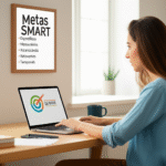 Mulher sorrindo trabalhando em casa com metas SMART visualizadas