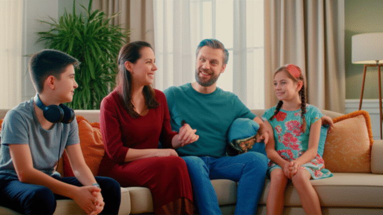 Comunicação Familiar Família conversando em casa em um ambiente acolhedor