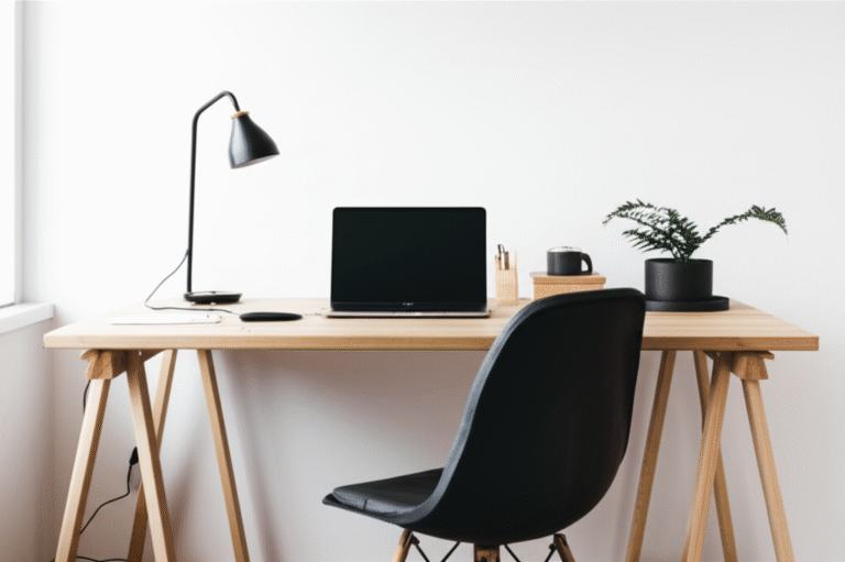 Home office minimalista com foco no essencial