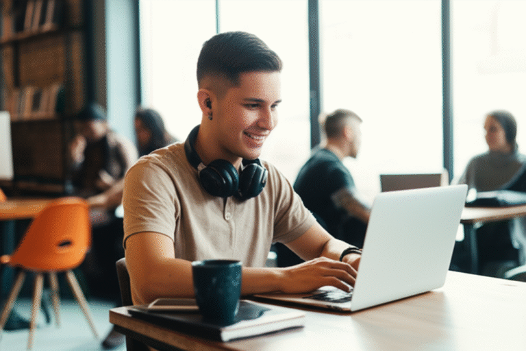 Jovem trabalhando remotamente em um café com um laptop