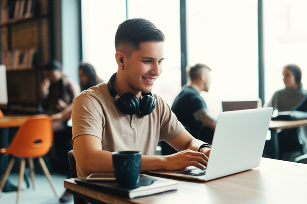 Jovem trabalhando remotamente em um café com um laptop