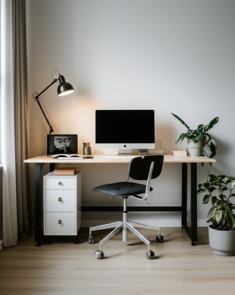 Espaço de trabalho organizado e iluminado em casa.