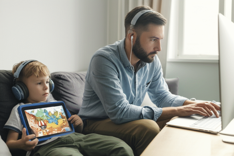 Pai trabalhando no computador com fones de ouvido enquanto o filho assiste desenho animado.
