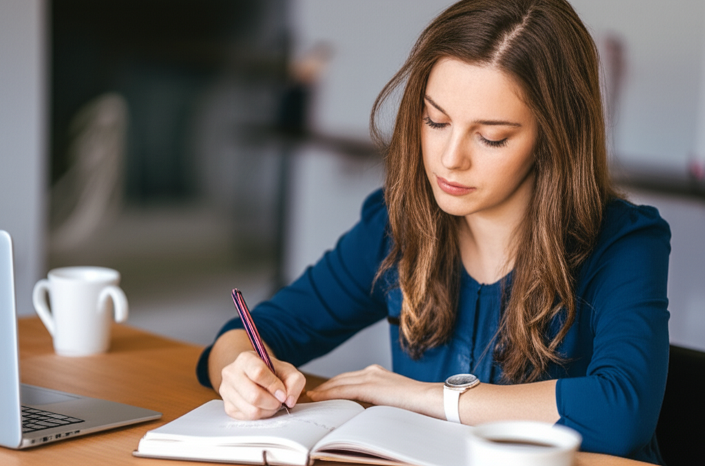 Mulher concentrada anotando gatilhos de procrastinação em um caderno