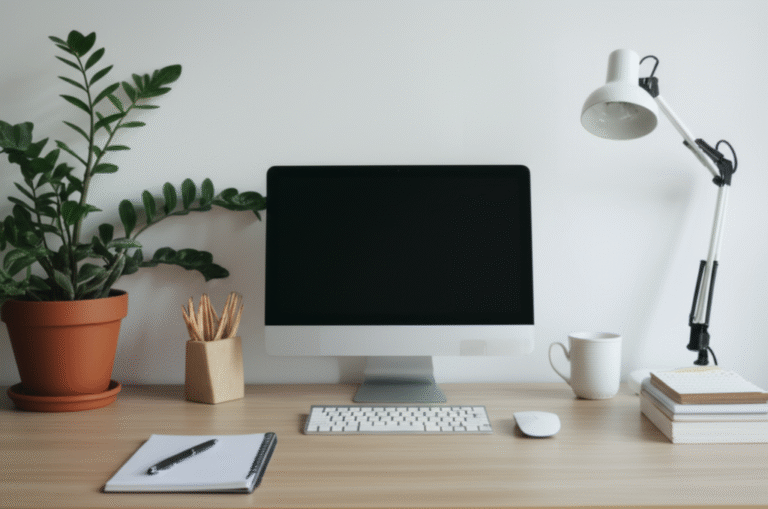 Ambiente de Trabalho Produtivo Espaço de trabalho organizado e inspirador com plantas e materiais criativos