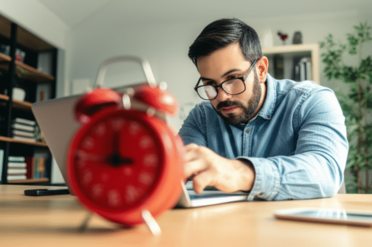 Técnica Pomodoro em Ação Homem utilizando a técnica Pomodoro com um timer