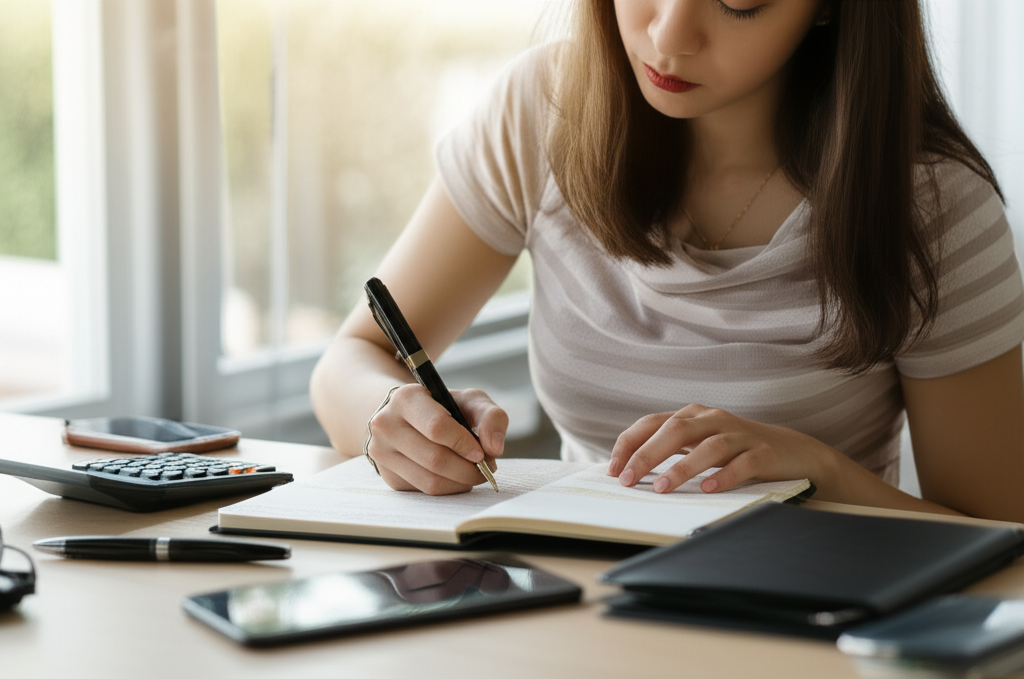 Mulher planejando finanças para trabalhar remotamente