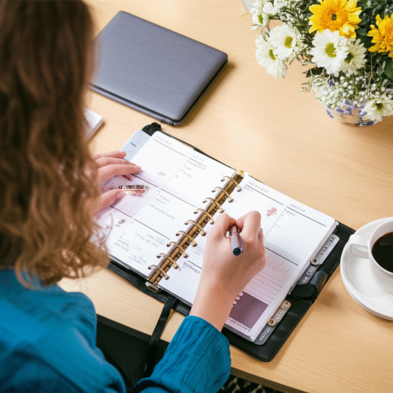 Mulher organizando suas tarefas com um planner no home office.