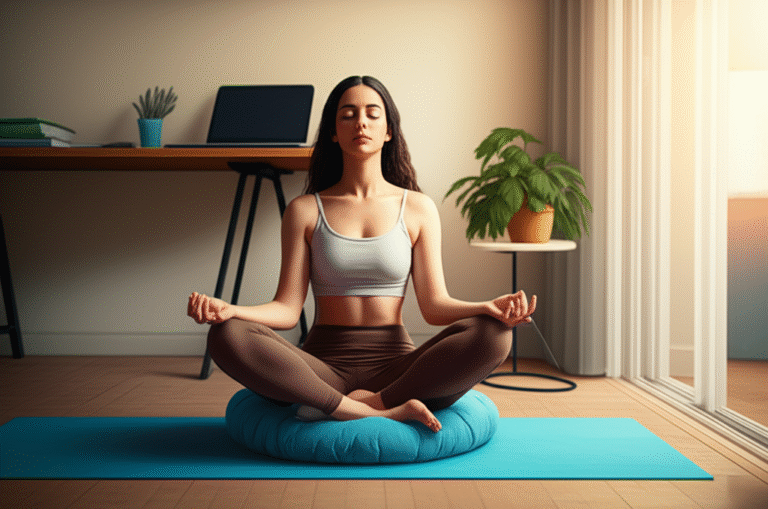Mulher meditando em seu home office.