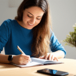Mulher planejando tarefas em um caderno, sorrindo.