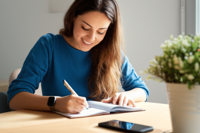 Planejamento para Produtividade Offline Mulher planejando tarefas em um caderno, sorrindo.