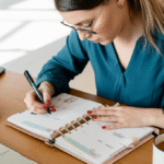 Mulher definindo horário de trabalho em um planner