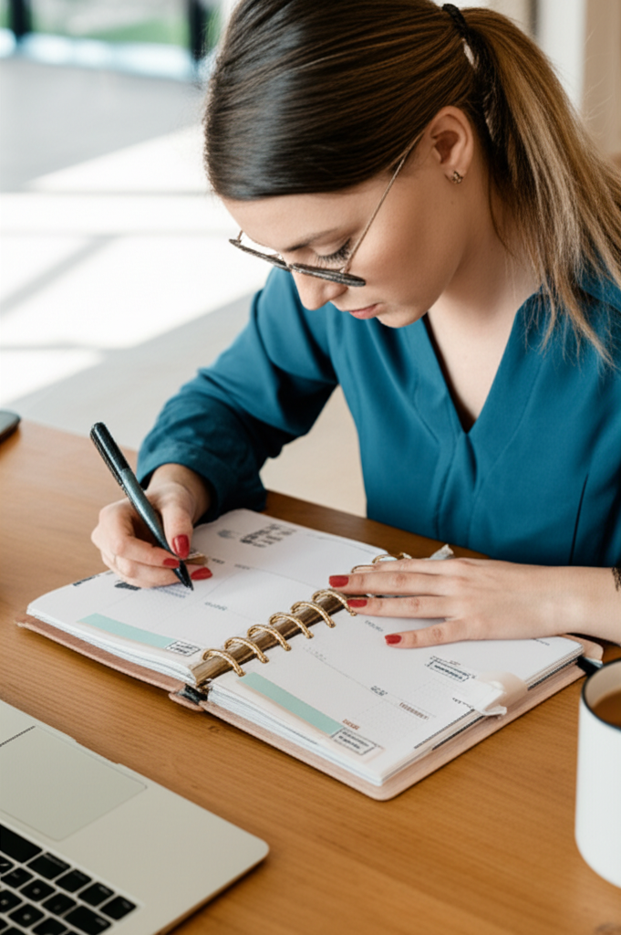 Mulher definindo horário de trabalho em um planner