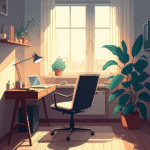 Espaço de trabalho em casa organizado e iluminado