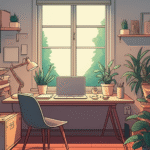 Home office organizado com mesa ergonômica e plantas