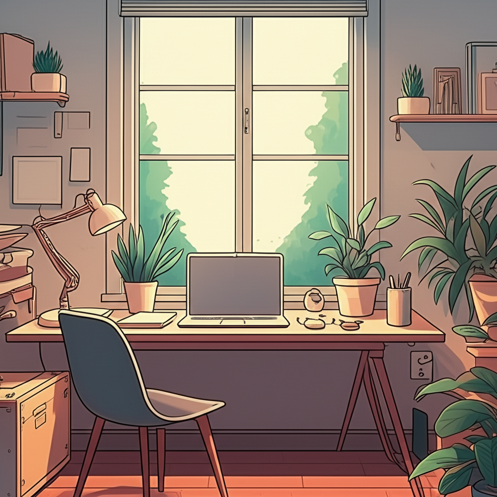 Home office organizado com mesa ergonômica e plantas