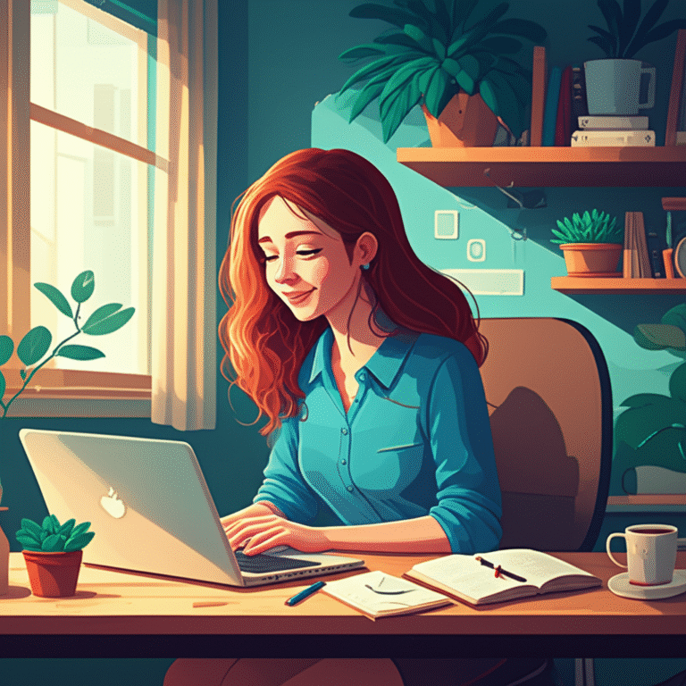 Home Office Organizado e Produtivo Mulher trabalhando concentrada em um home office organizado