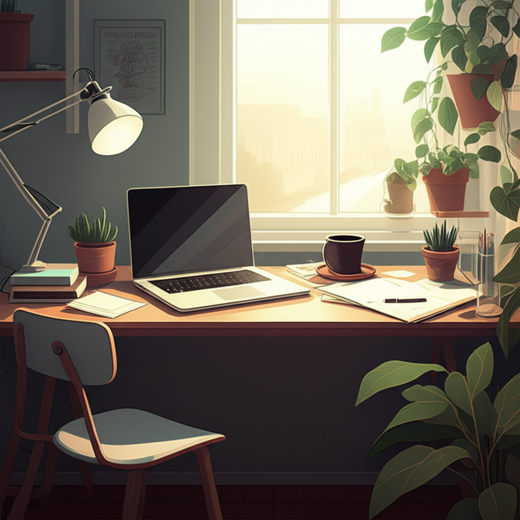Home office organizado com plantas e luz natural