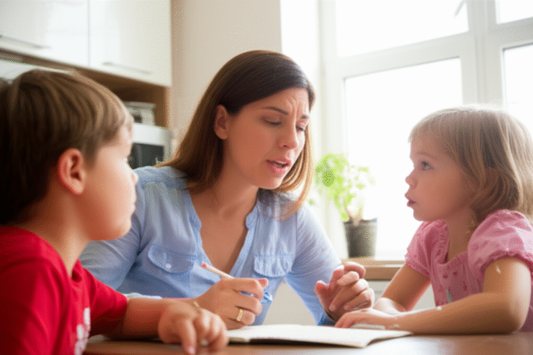 Mãe conversando com os filhos sobre trabalho em casa