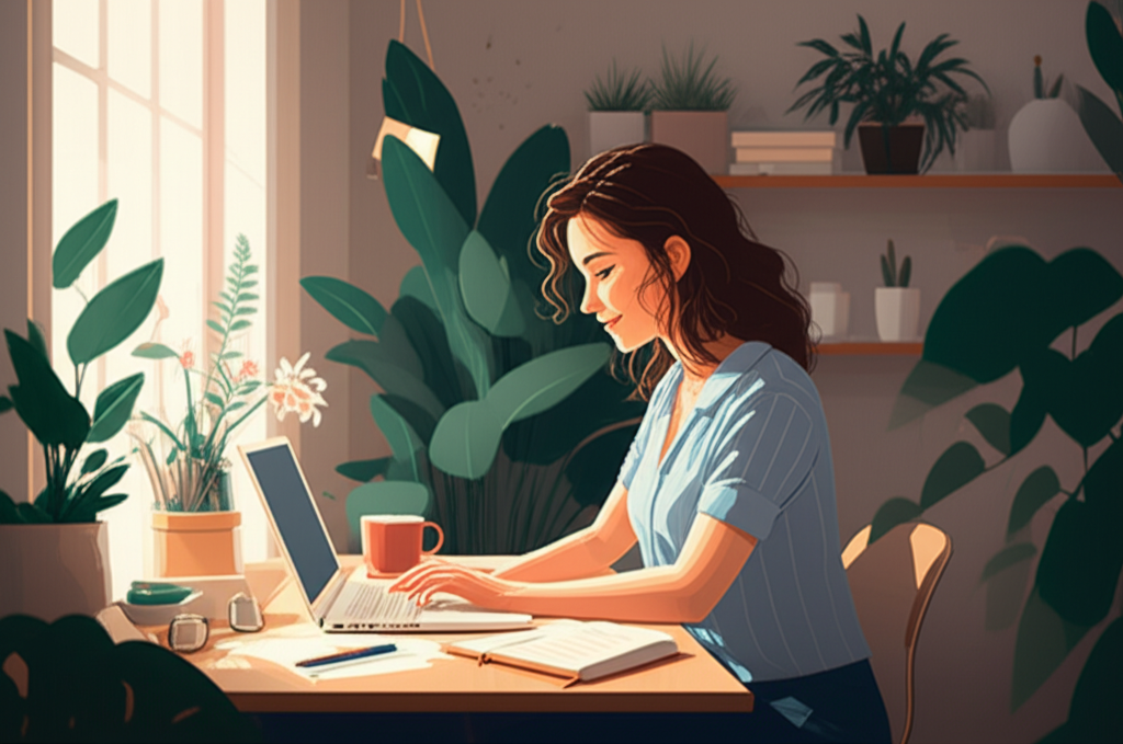 Mulher sorrindo trabalhando em casa com plantas ao fundo