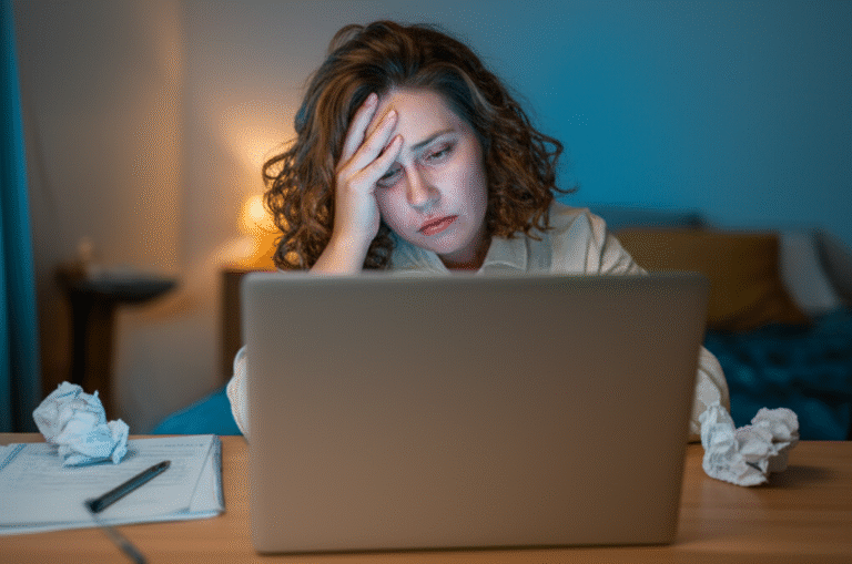Burnout no Home Office Pessoa exausta em frente ao computador em casa