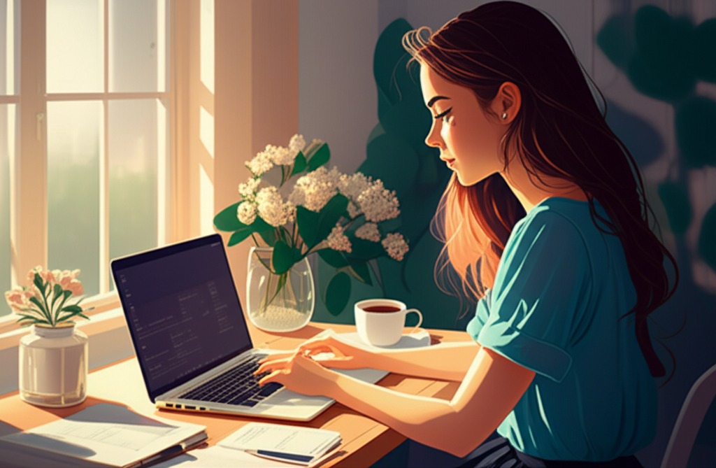 Mulher trabalhando em home office iluminado por luz natural
