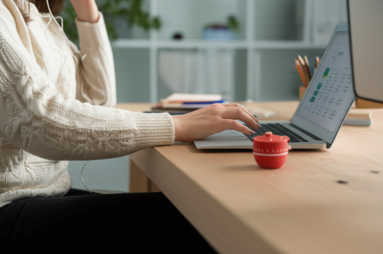 Técnica Pomodoro em Ação Mulher usando a técnica Pomodoro para gerenciar o tempo