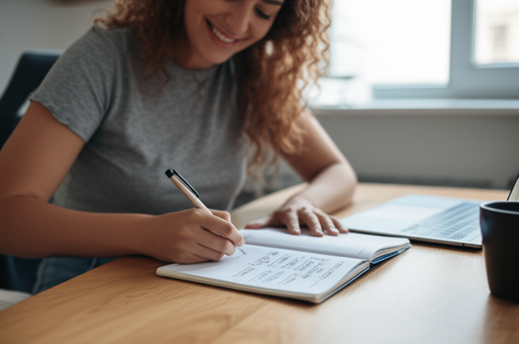 Mulher planejando carreira freelancer em casa