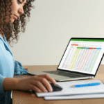 Mulher analisando planilha de gastos no computador