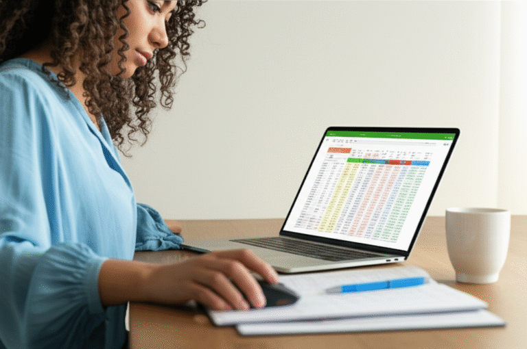 Controle Financeiro no Home Office Mulher analisando planilha de gastos no computador