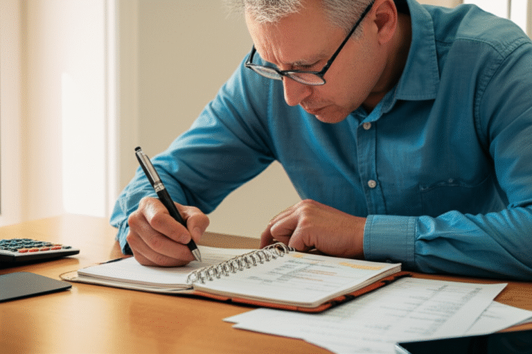 Planejamento Financeiro Pessoal Homem criando orçamento em um caderno