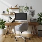 Escritório em casa organizado com luz natural e plantas