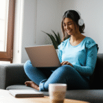 Pessoa trabalhando em casa com notebook e fone de ouvido, sorrindo.