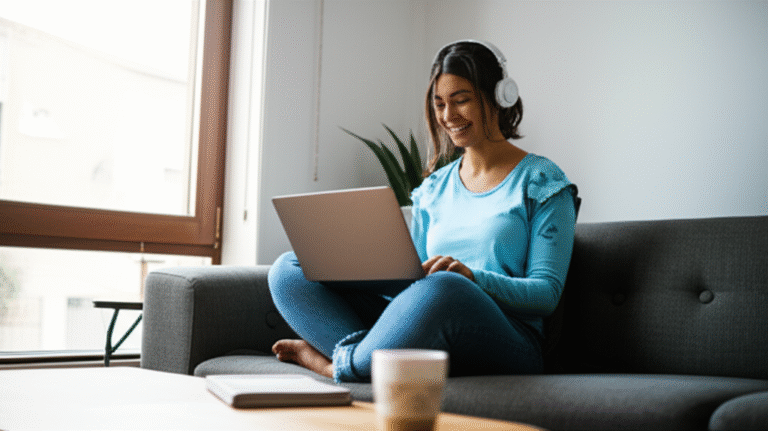 Trabalho Remoto Sem Experiência Pessoa trabalhando em casa com notebook e fone de ouvido, sorrindo.