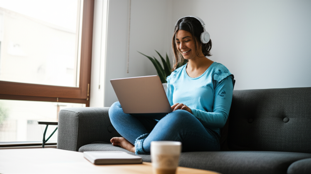 Pessoa trabalhando em casa com notebook e fone de ouvido, sorrindo.