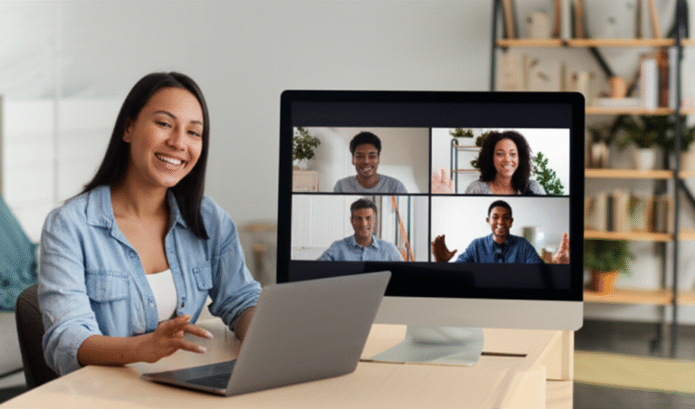 Comunicação Eficaz por Videochamada Pessoas em videochamada sorrindo e interagindo