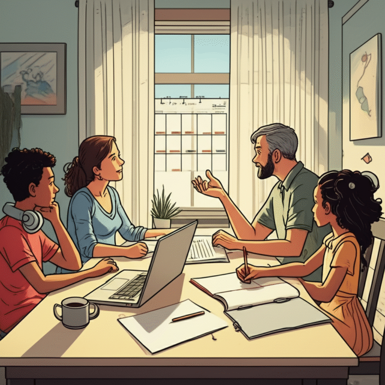 Negociação Familiar Família conversando sobre horários e responsabilidades