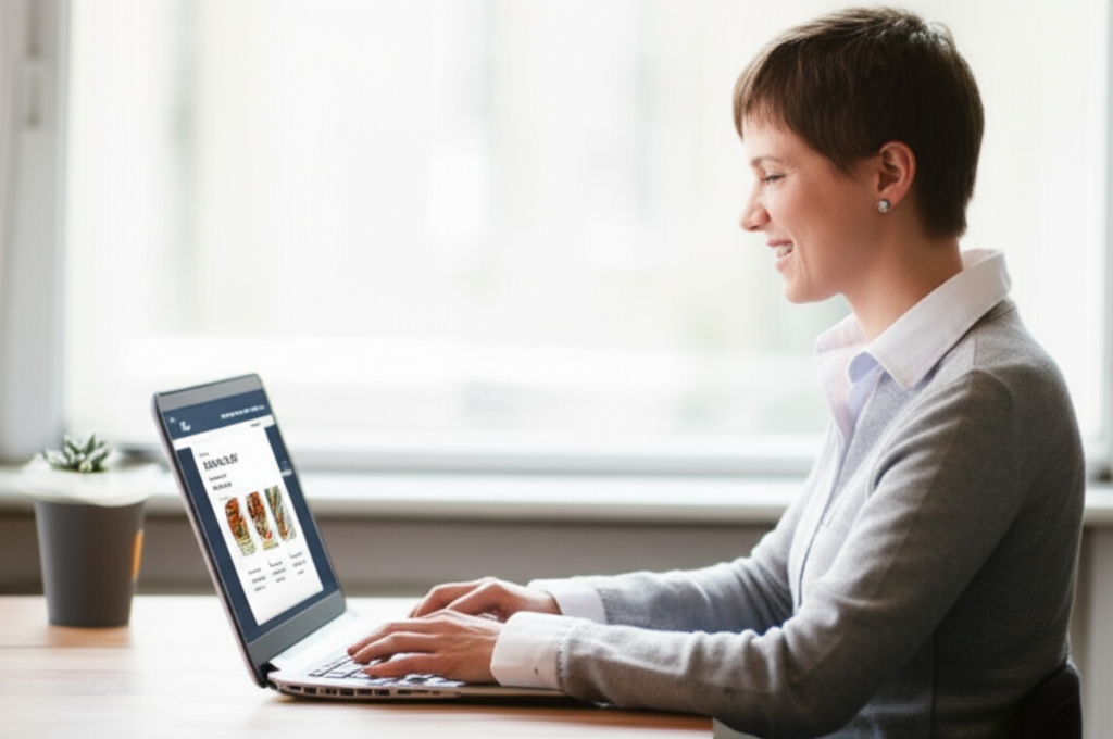 Mulher sorrindo usando LinkedIn no notebook