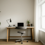 Escritório em casa bem organizado com plantas e luz natural