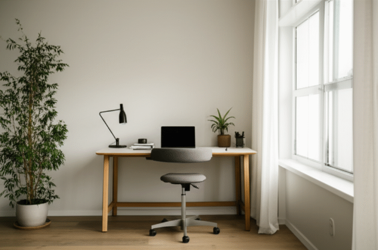 Escritório em casa bem organizado com plantas e luz natural