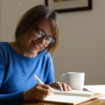 Mulher de 40 anos sorrindo, anotando ideias em um caderno.