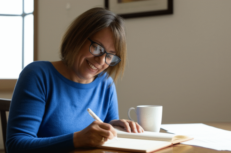Habilidades e Paixões Redescobertas Mulher de 40 anos sorrindo, anotando ideias em um caderno.